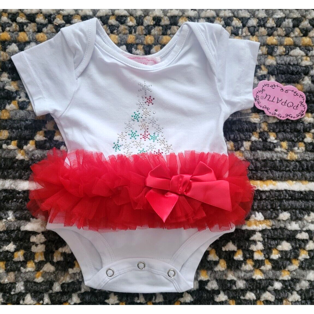 Popatu Baby Girl's 0-3 Months Christmas Tree Red Bow Holiday Bodysuit White/Red